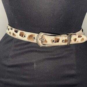 Dark brown white hair on hide leather belt small